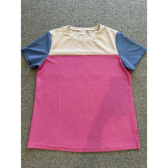 Wimoll Ribbed Colorblock Short Sleeve Top Women’s L Beige Pink Blue Stretch Knit - Picture 3 of 8